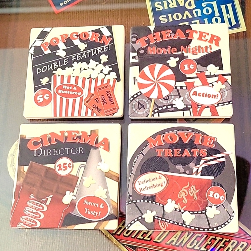 Retro Vintage Style Movie Night Ceramic Coaster Set (4-piece set) - Picture 2 of 4